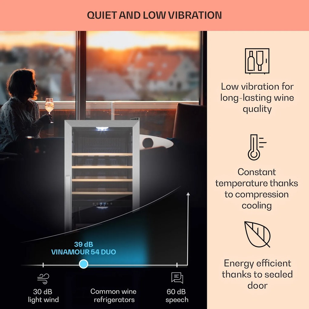 Klarstein Vinamour 54D, borhűtő, 148 liter, 54 palack, 2 zóna, rozsdamentes acél