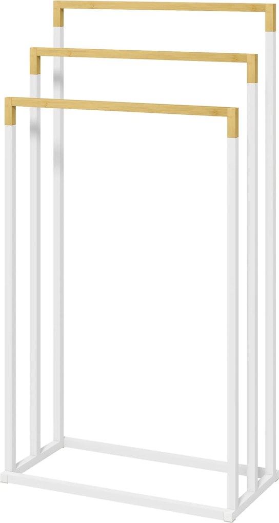 kleankin Szabadonálló Törölközőtartó, 3 Törölközőrúddal Rendelkező Törölközőtartó Fürdőszobához, Acél Bambusz Fehér | Aosom