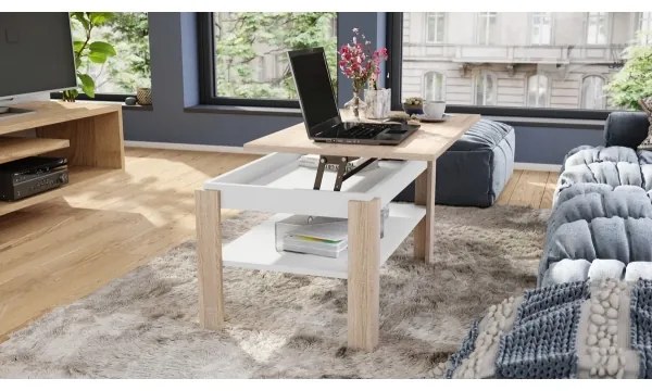 Bővíthető dohányzóasztal emelhető asztallappal és polccal ADEN sonoma tölgy/fehér