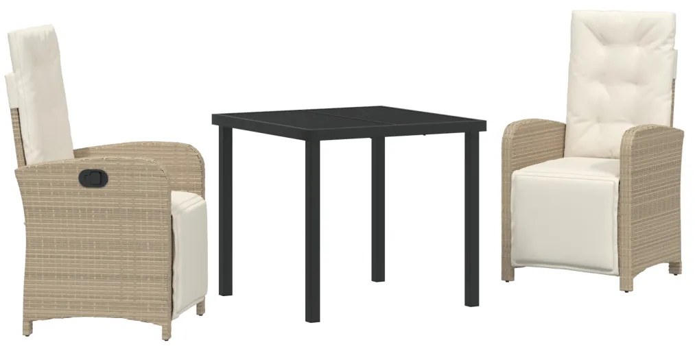 3 Részes Kerti Étkezőszett Párnákkal Bézs Poli Rattan, Kerti Asztal Fekete 80x80x73 cm Edzett Üveg
