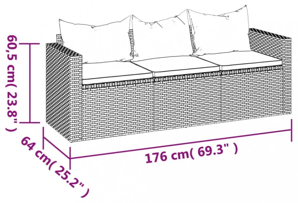 vidaXL fekete 3 személyes polyrattan kerti kanapé párnákkal
