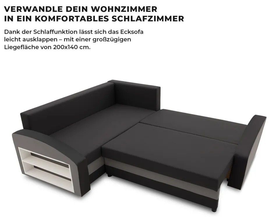 Grande sarokkanapé polcokkal , polc a bal karfaban, baloldali, szövet anyag, hab töltet, fekete - szürke