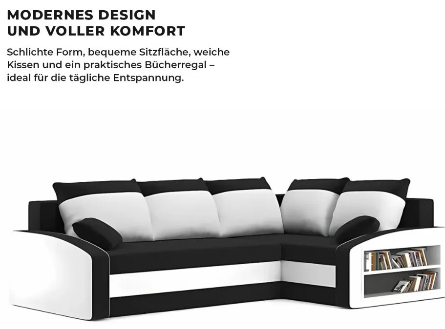 Grande sarokkanapé polcokkal , polc a jobb karfaban, jobboldali, szövet anyag, bonell töltet, fekete - fehér