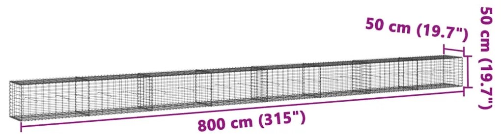 horganyzott vas gabion kosár fedéllel 800 x 50 x 50 cm