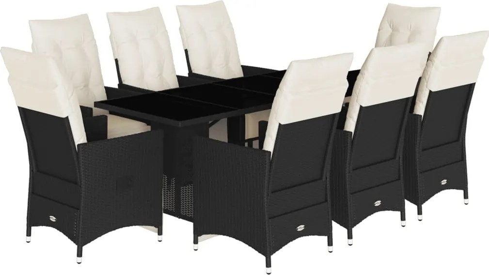 vidaXL 9 részes fekete polyrattan kerti étkezőgarnitúra párnákkal