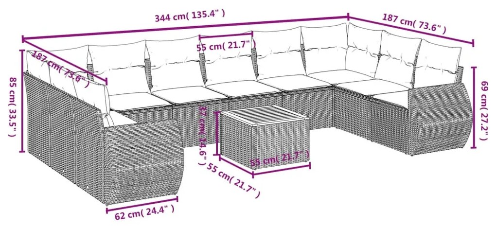 11 részes fekete polyrattan kerti ülőgarnitúra párnákkal