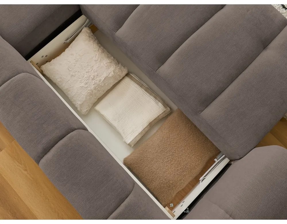 Szürkésbarna kinyitható-tárolóhelyes sarokkanapé (jobb oldali-heverő résszel) Fuji – Bobochic Paris