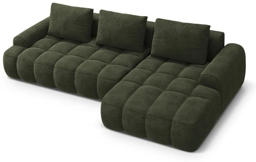 Zöld bársony kinyitható-tárolóhelyes sarokkanapé (jobb oldali-heverő résszel) Linz – Cosmopolitan Design