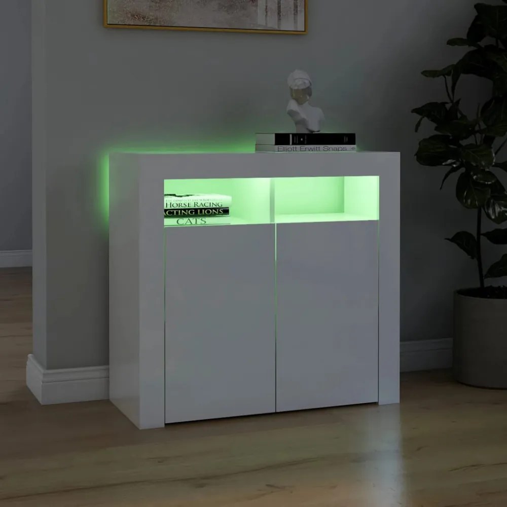 magasfényű fehér tálalószekrény LED-lámpákkal 80 x 35 x 75 cm