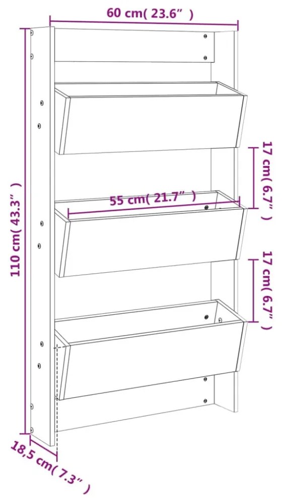 fehér 3 szintes tömör fenyőfa fali virágtartó 60x18,5x110 cm