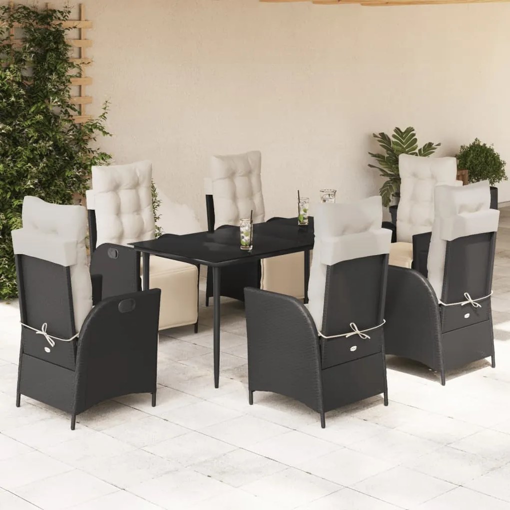 7 részes fekete polyrattan kerti étkezőgarnitúra párnával