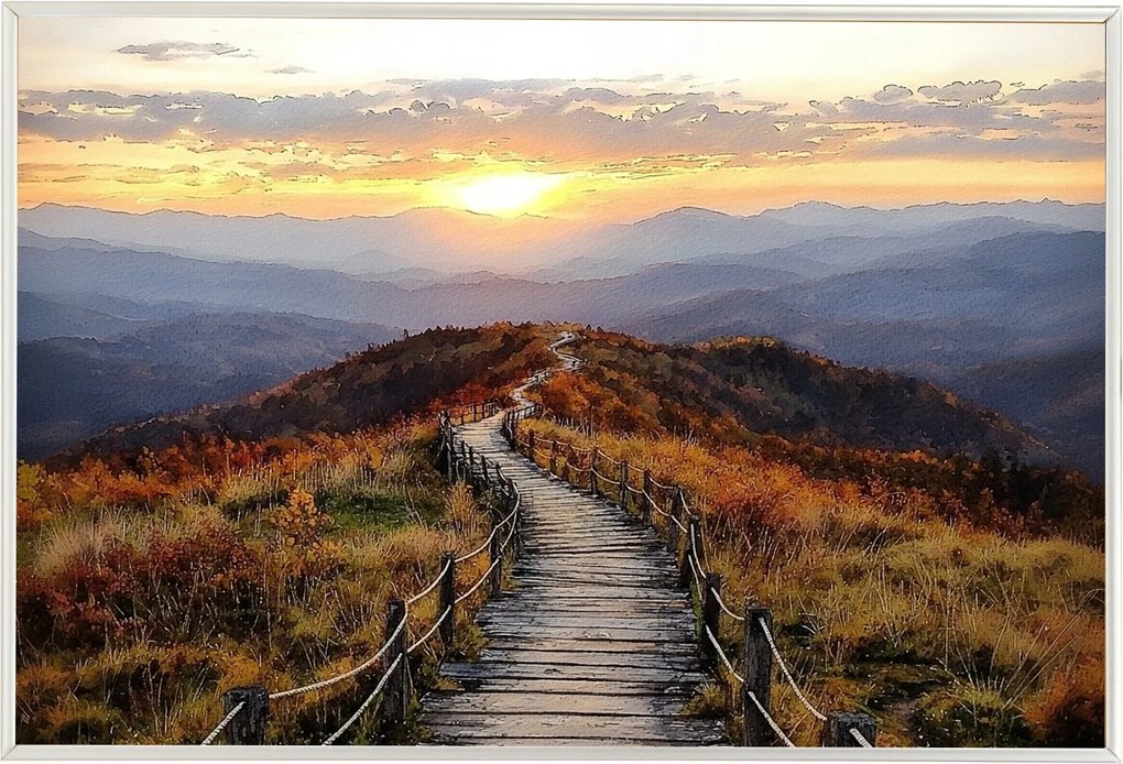 Poszter Keret Alumínium Ösvény Hegyek Naplemente Ősz Tájkép 60x40