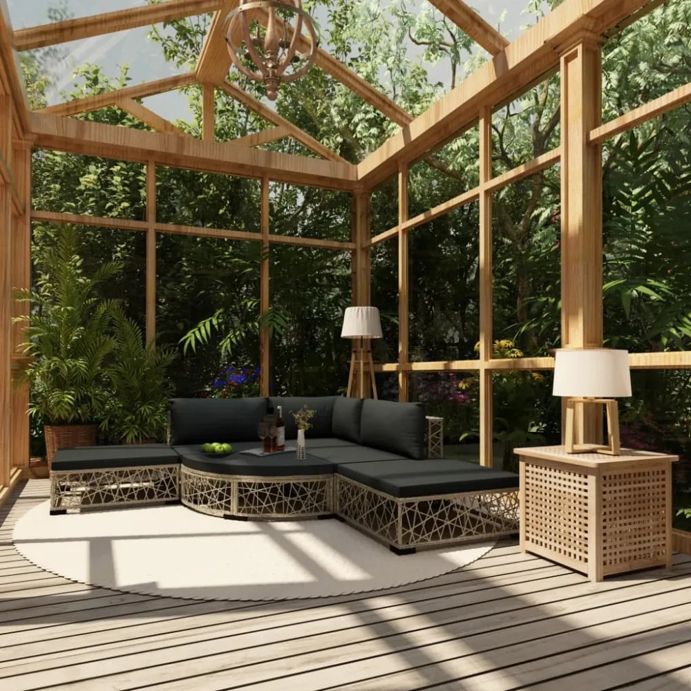 6-részes szürke polyrattan kerti bútorszett párnákkal