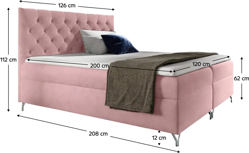 Boxspring ágy, 120x200, rózsaszín Velvet szövet, GULIETTE + ajándék