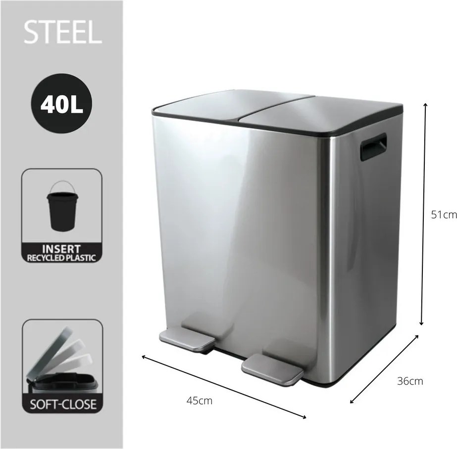 Matt ezüstszínű acél szelektív pedálos szemetes 2x20 l Aliya – Spirella