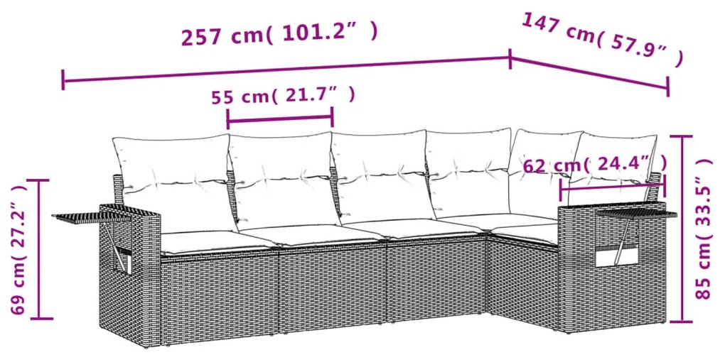 5 részes szürke polyrattan kerti ülőgarnitúra párnákkal