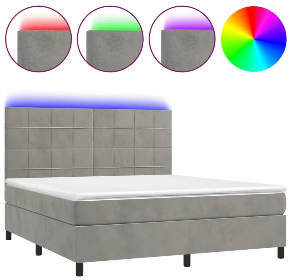 világosszürke bársony rugós és LED-es ágy matraccal 160x200 cm