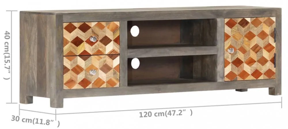 szürke tömör mangófa TV-szekrény 120 x 30 x 40 cm