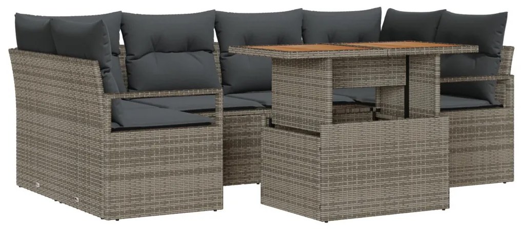 7 darabos kertiszófa szett párnákkal Szürke Poli Rattan Akác, 2 személyes kertiszófa párnákkal Szürke Poli Rattan