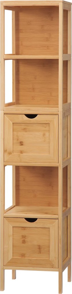 Kleankin Fürdőszobaszekrény 2 Fiókkal, 3 Polccal, Bambusz Oldalszekrény Karcsú Tárolószekrény fürdőszobához és Nappaliba 30 x 30 x 140 cm Természetes