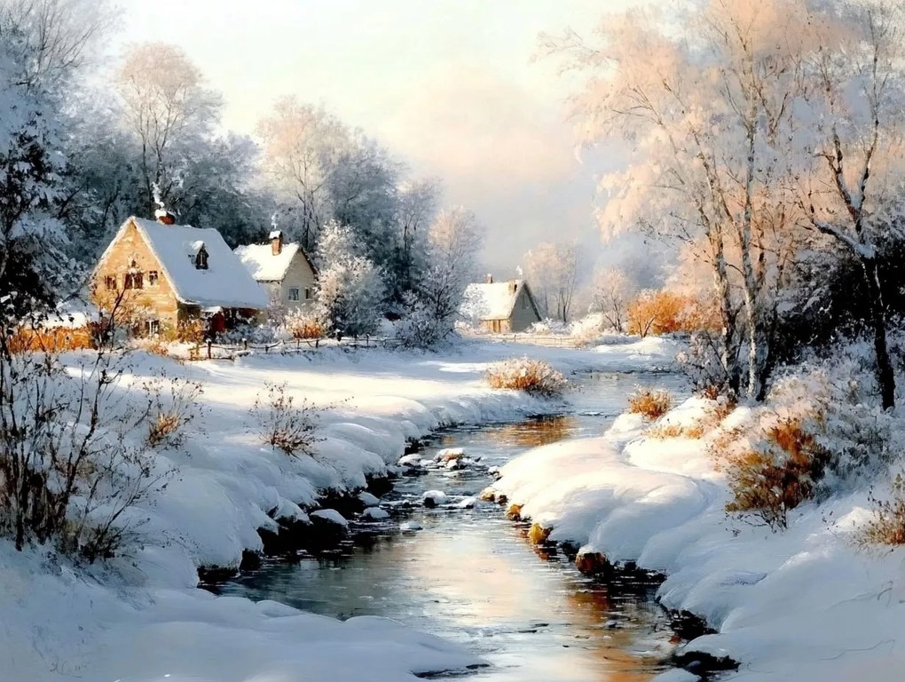 Vászonkép Canvas Tájkép Tél Hó Falu Folyó Patak 80x60