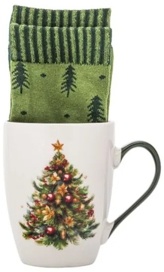 Fenyőfás karácsonyi porcelán bögre 340 ml + karácsonyi zöld zokni ajándékcsomag