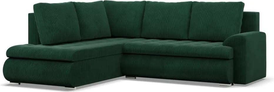 Tokio sarokkanapé, L alakú háttámlával, 2 ágyneműtartóval, kordbársony, baloldali, zöld