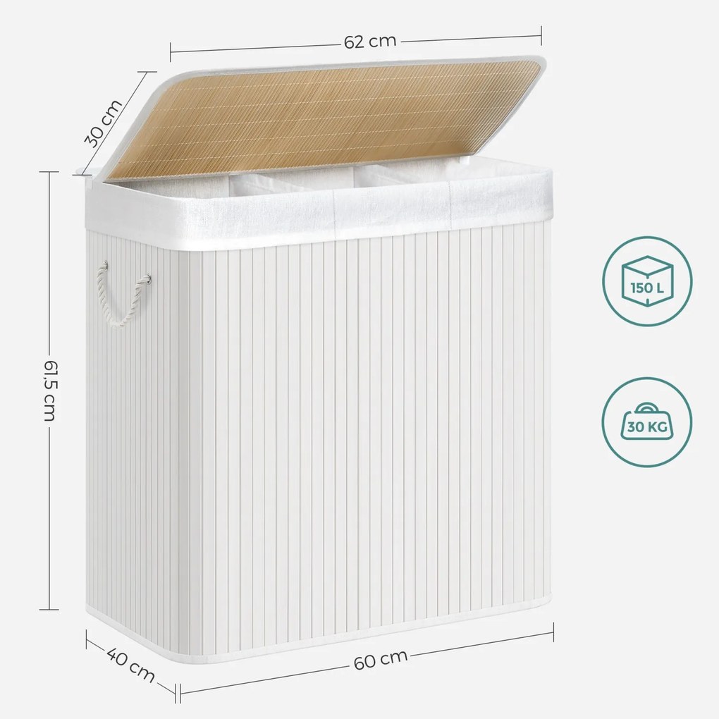 Bambusz kosár szennyestartó 3 rekeszes 3x50L, fehér