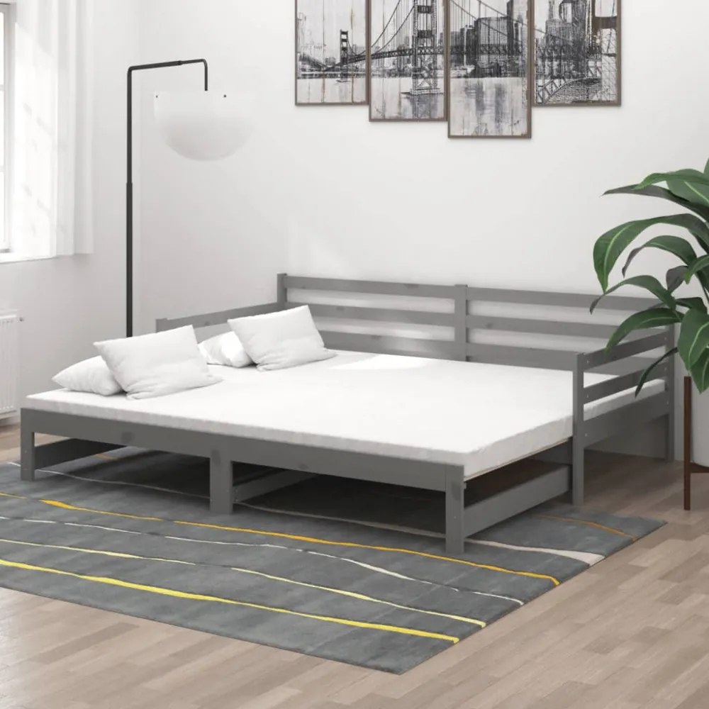 szürke tömör fenyőfa kihúzható kanapéágy 2 x (90 x 200) cm