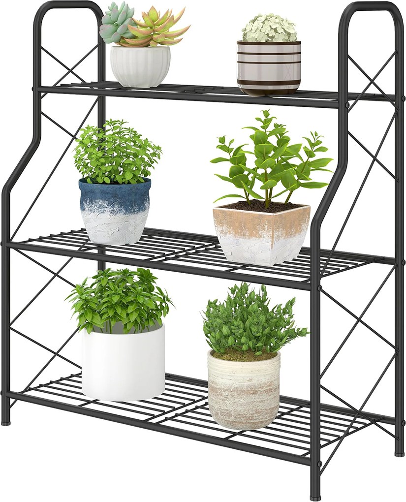 Outsunny 3 polcos fém növényállvány beltéri és kültéri használatra — állítható lábak és fogantyúk, stabil és tartós, cserepekhez, teraszra, kertbe, er