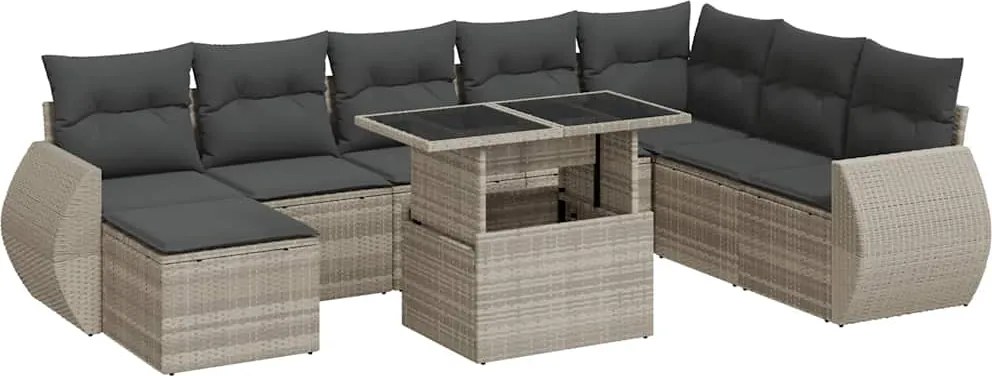 vidaXL 9 részes világosszürke polyrattan kerti ülőgarnitúra párnával