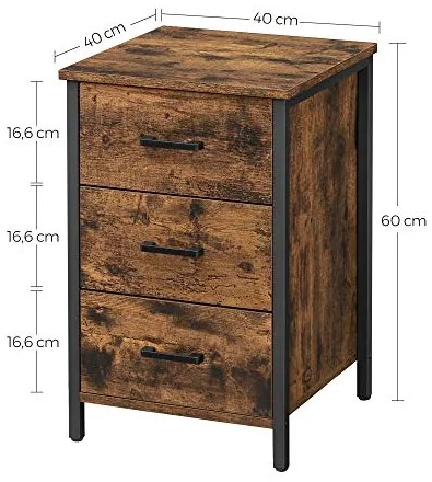 Éjjeliszekrény 3 Fiókkal, 40 x 40 x 60 cm, Vintage Barna-Fekete