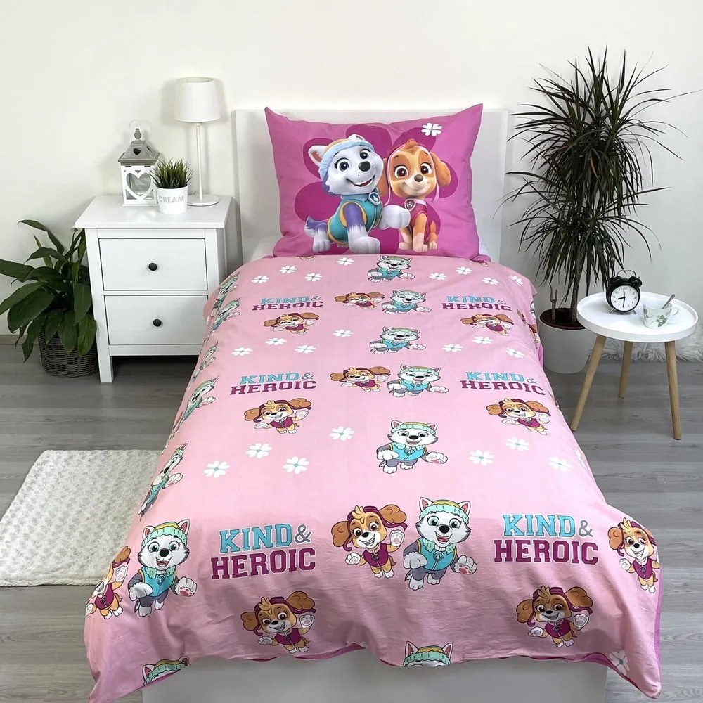 Rózsaszín egyszemélyes pamut gyerek ágyneműhuzat 140x200 cm Paw Patrol "Heroic" – Jerry Fabrics