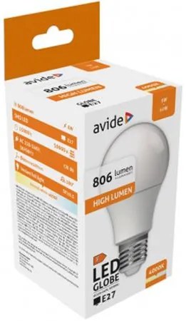 LED izzó, E27, gömb, A60, 8W, 806lm, 4000K, AVIDE (AVLED009)