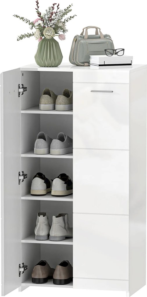 HOMCOM cipősszekrény, 2 ajtós, 5 polcos, állítható polcokkal — 10 pár, magasfényű fehér, 55 x 36 x 108 cm | Aosom
