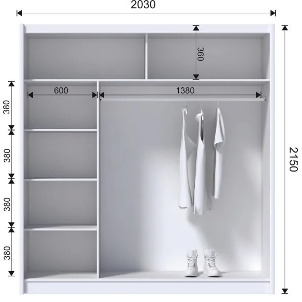 SABRINA gardróbszekrény tükörrel, 203x215 cm, fehér