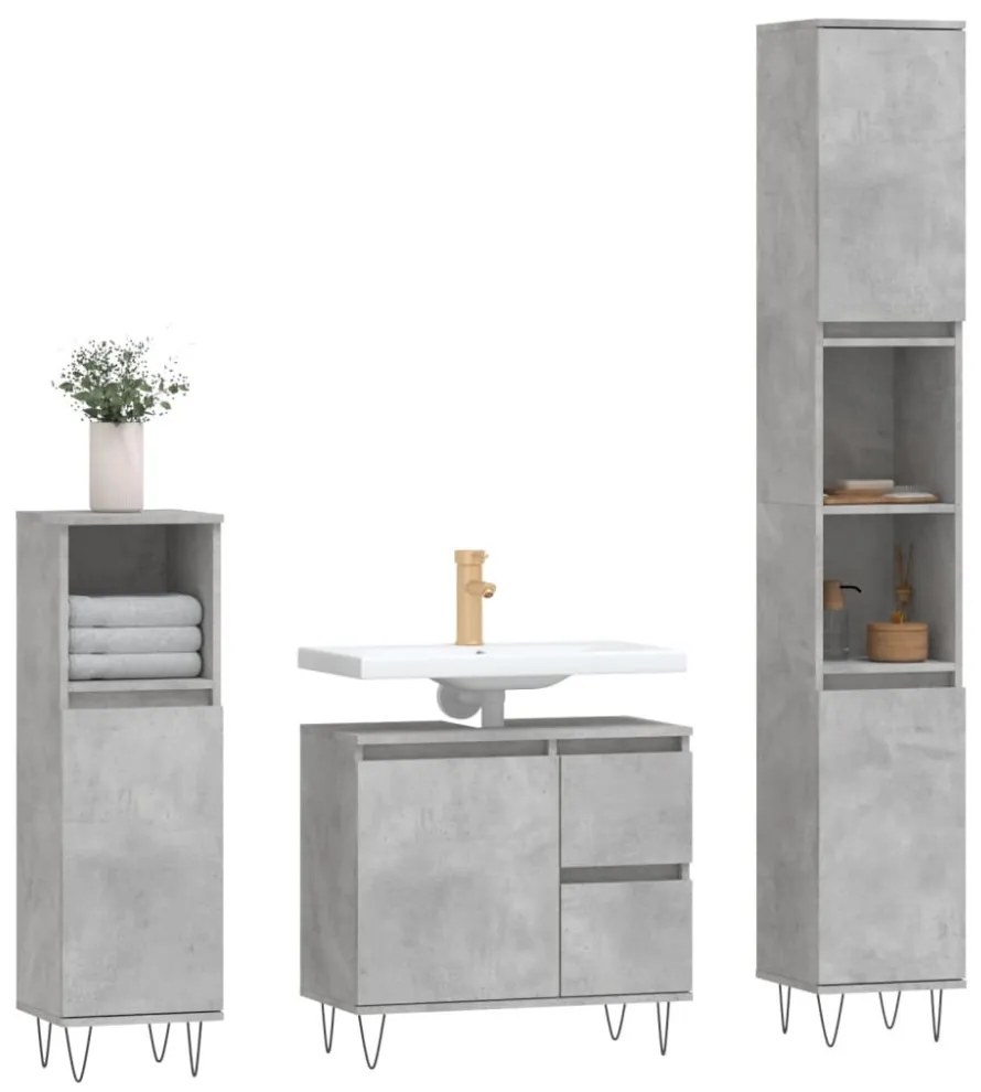 vidaXL 3 részes betonszürke szerelt fa fürdőszobai bútorszett