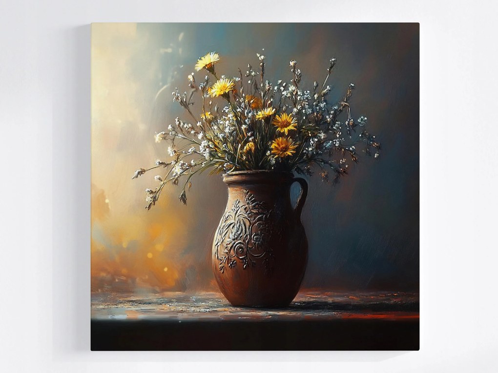 Vászonkép Canvas Csokor Mezei Virágok Váza Kancsó Vintage 40x40