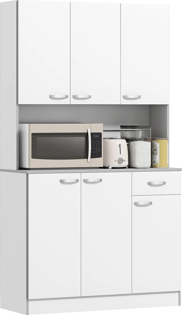 HOMCOM Konyhai Szekrény Széles Munkafelülettel 1 Fiókkal, 6 Ajtóval és Állítható Polcokkal, Modern Stílus 101x39x180 cm Fehér | Aosom