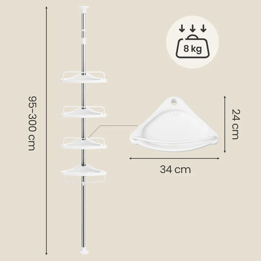 SONGMICS 4 szintet teleszkópos zuhanypolc, állítható magasság (95-300 cm), rozsdamentes acél, fehér