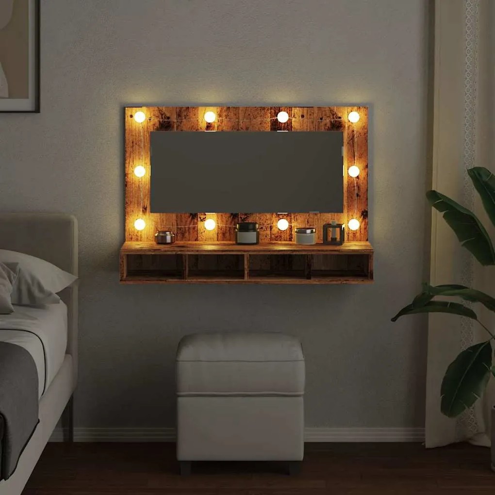 antik fa tükrös szekrény LED-ekkel 90x31,5x62 cm