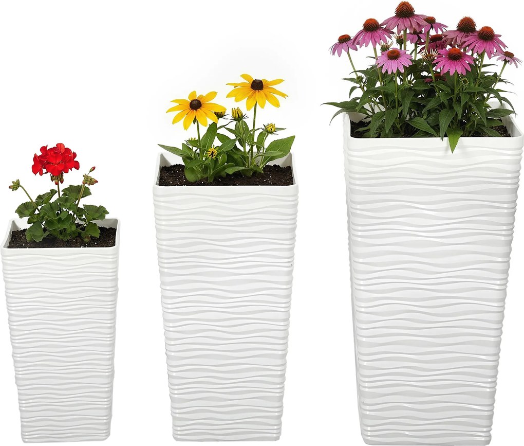 Outsunny 3 db egymásba rakható négyzet kaspó hullámos mintával, vízelvezető lyukakkal, 42/55/65 cm — Fehér, Fekete, Barna | Aosom