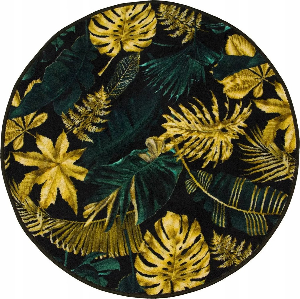 Kerek Szőnyeg Nappaliba Arany Sötét Zöld Monstera Levelek átm. 90 cm