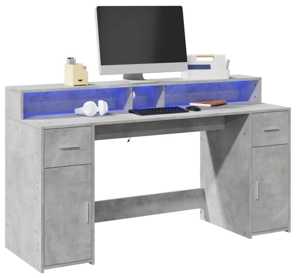 betonszürke szerelt fa íróasztal LED-világítással 160x55x91 cm