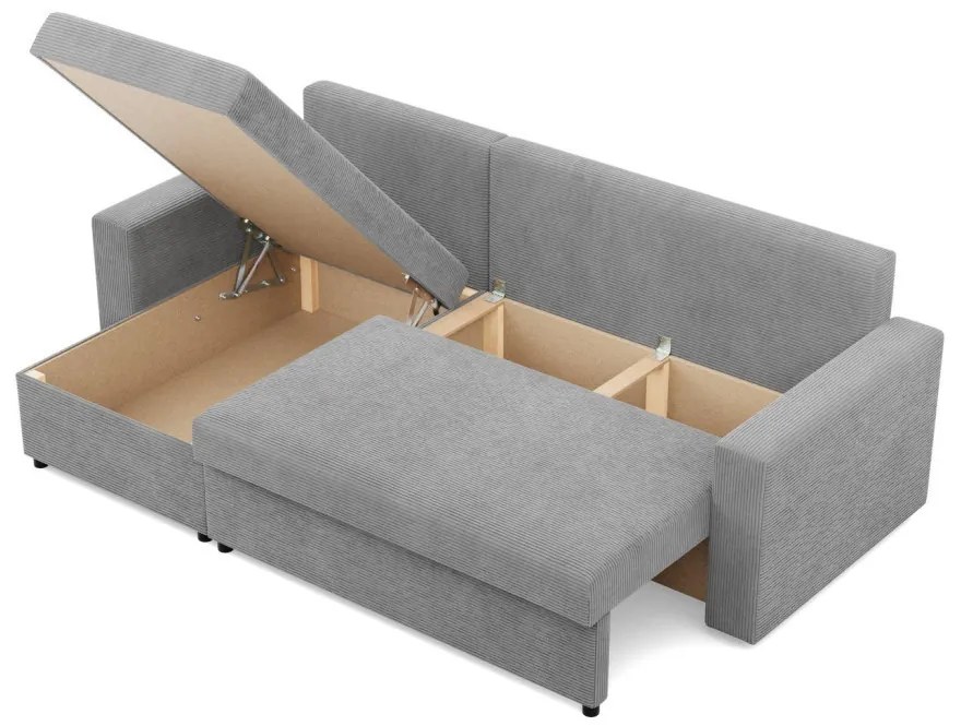 Zeus sarokkanapé, 2 ágyneműtartóval, egyenes kartámasz, kordbársony, univerzális oldal, bonell töltet, szürke