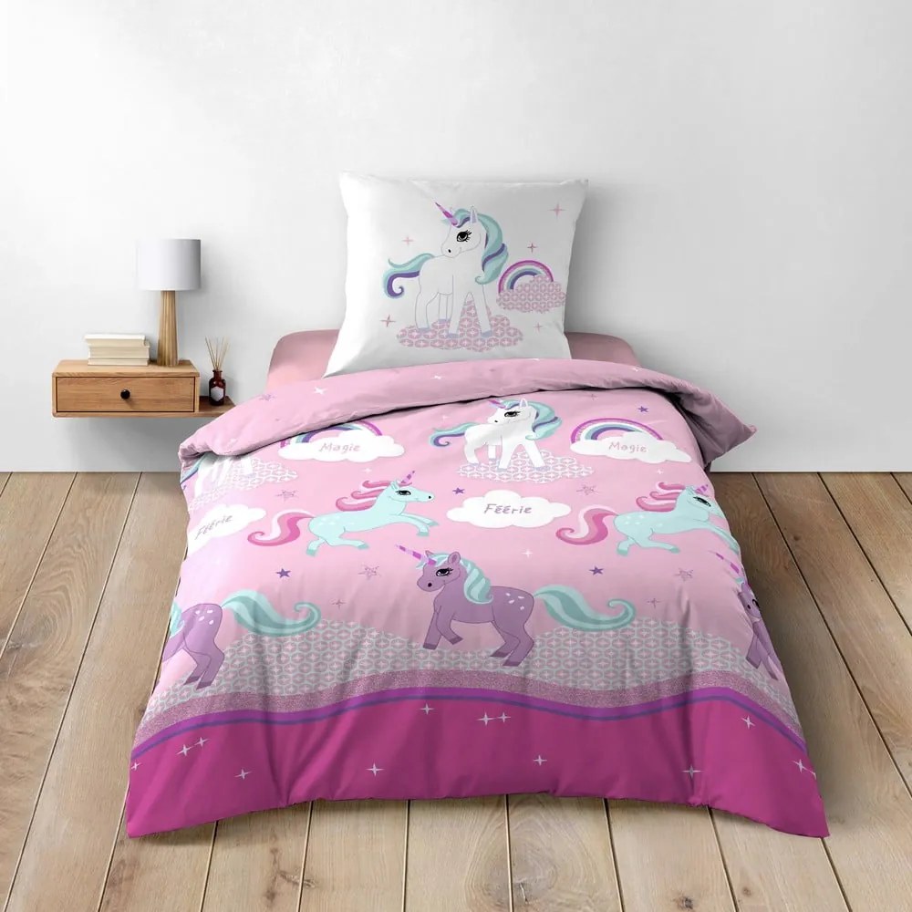 Rózsaszín egyszemélyes pamut gyerek ágyneműhuzat 140x200 cm Licorne – douceur d'intérieur