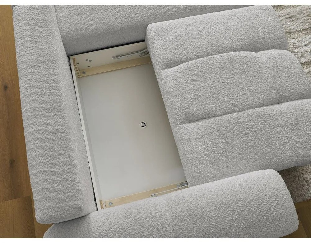 Világosszürke buklé kinyitható-tárolóhelyes sarokkanapé (jobb oldali-heverő résszel) Roxelane – Bobochic Paris