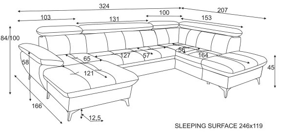 CATANIA U alakú, jobbos, grafit sarok ülőgarnitúra tárolóval, ággyá nyitható