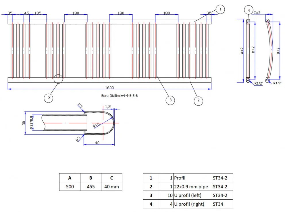 Fekete 500x1600mm törölközőszárítós fürdőszobai radiátor Welland Lux | Készletről | Gyors kiszállítással