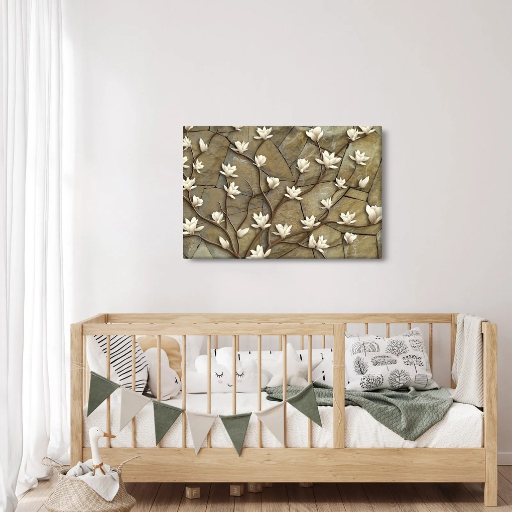 Kép - Fehér magnóliák kőfalazaton (90x60 cm)